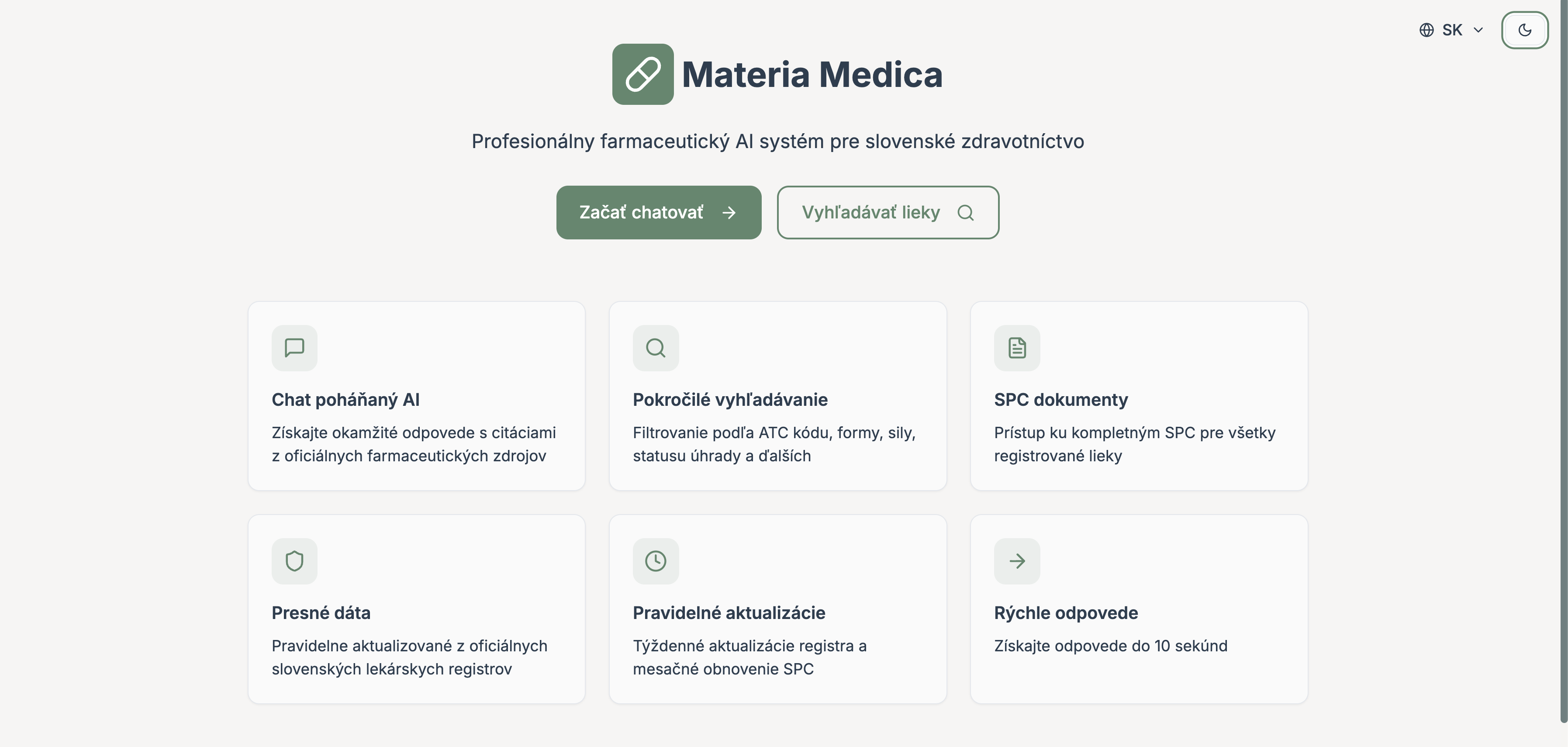 Úvodná obrazovka prototypu Materia Medica